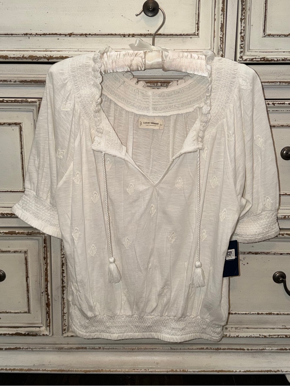 Lucky Brand White Embroidered Tassel Peasant Blouse NWT